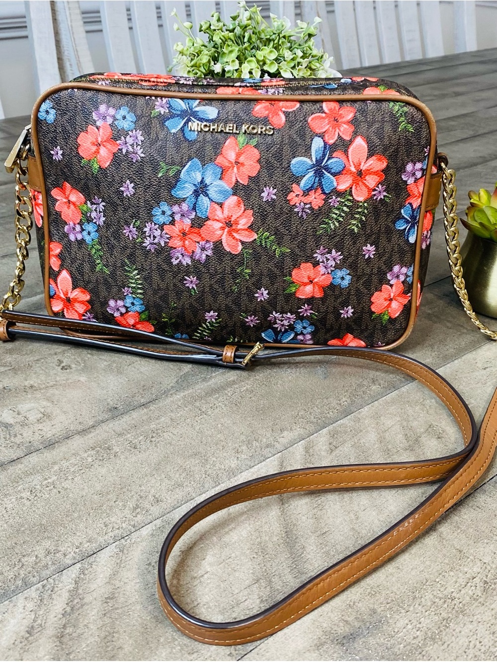 Michael Kors Brown Floral Coated Canvas Crossbody with Pink & Blue Blossoms